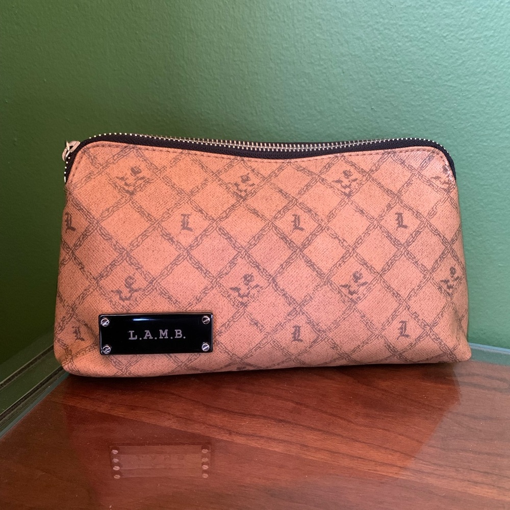L.A.M.B. Monogram Zip Pouch in Tan and Black